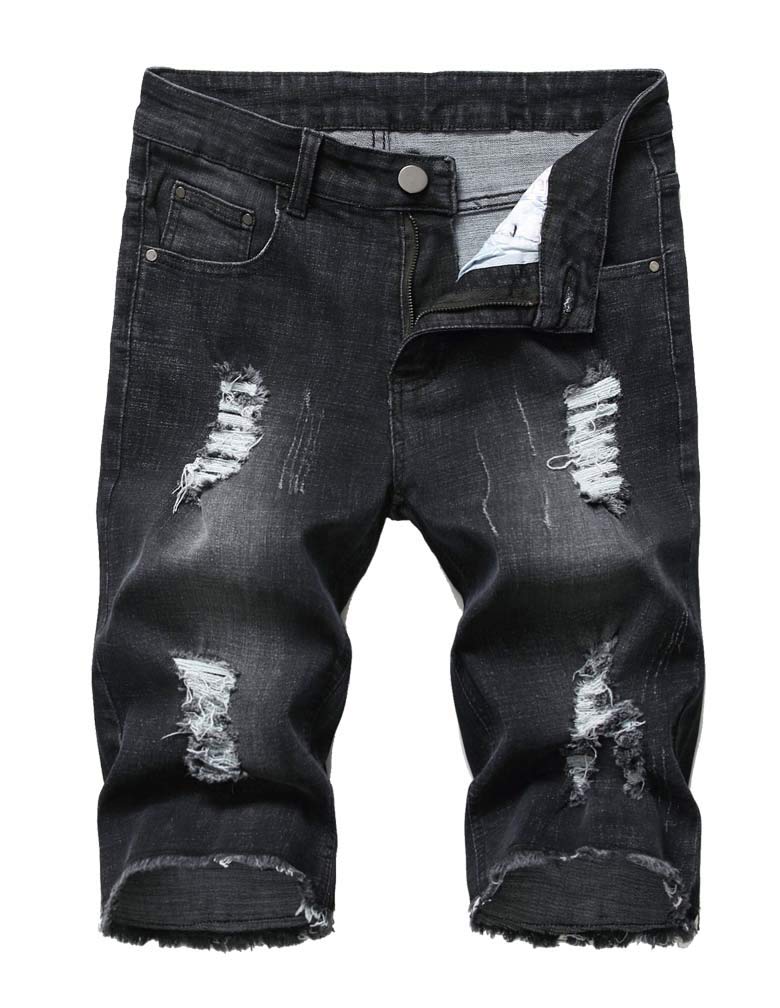 Mens Distressed Jean Shorts Casual Ripped Summer Denim Short Pants with Pockets Black 32