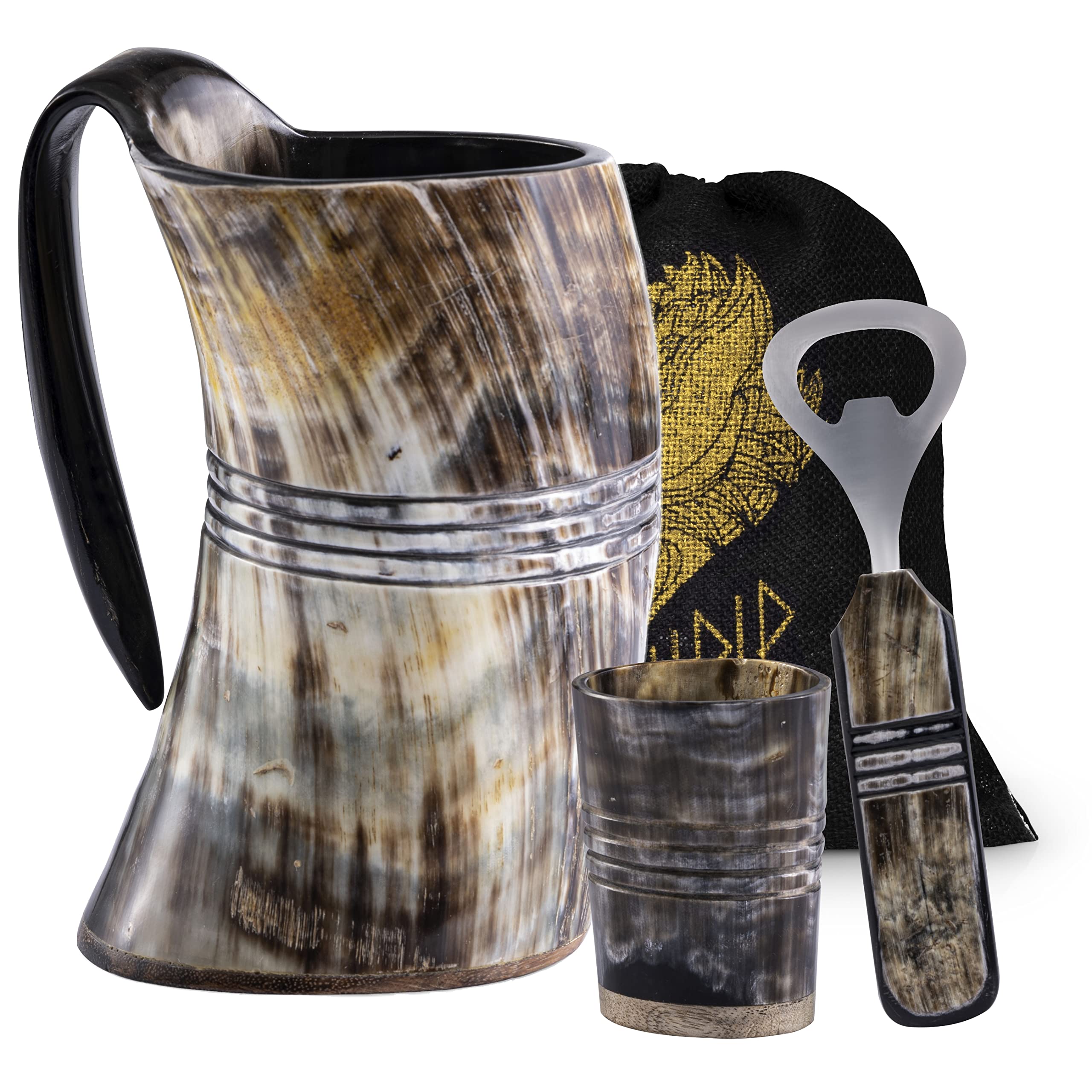 FENRIR Viking Drinking Horn Mug Set - 16 oz With Shot Glass | Viking Gifts for Men & Women | Bottle Opener | Unique Handmade | Norse Viking Horn Cup For Beer Ale Mead - The Ring Natural Polished
