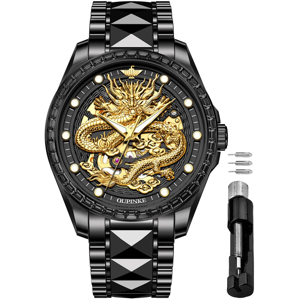 Black Gold Dragon Skeleton Mens Wrist Watches Luxury Dress Automatic Self Winding Mechanical Sapphire Crystal Diamond Waterproof Luminous Tungsten Steel Band Watches