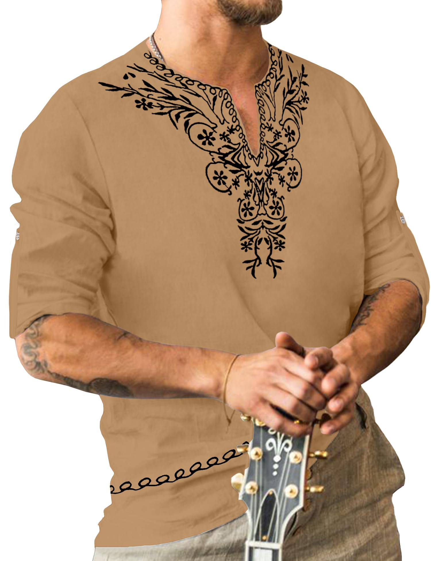 JoZorro Mens Linen Khaki Abaya Henley Shirts for Men Half Sleeve Shirt Dashiki Shirt V Neck T Shirts Vintage Men Islamic Hawaiian Shirt Clothing Ethnic Shirt Mens Thobe Long Sleeve Mens Kaftan Shirt