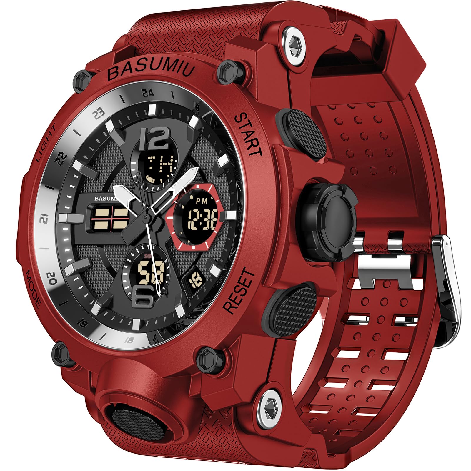 Mens Sports Wrist Watches Analog Digital Tactical Military Watch Waterproof Gold Watches for Men (C-Red)