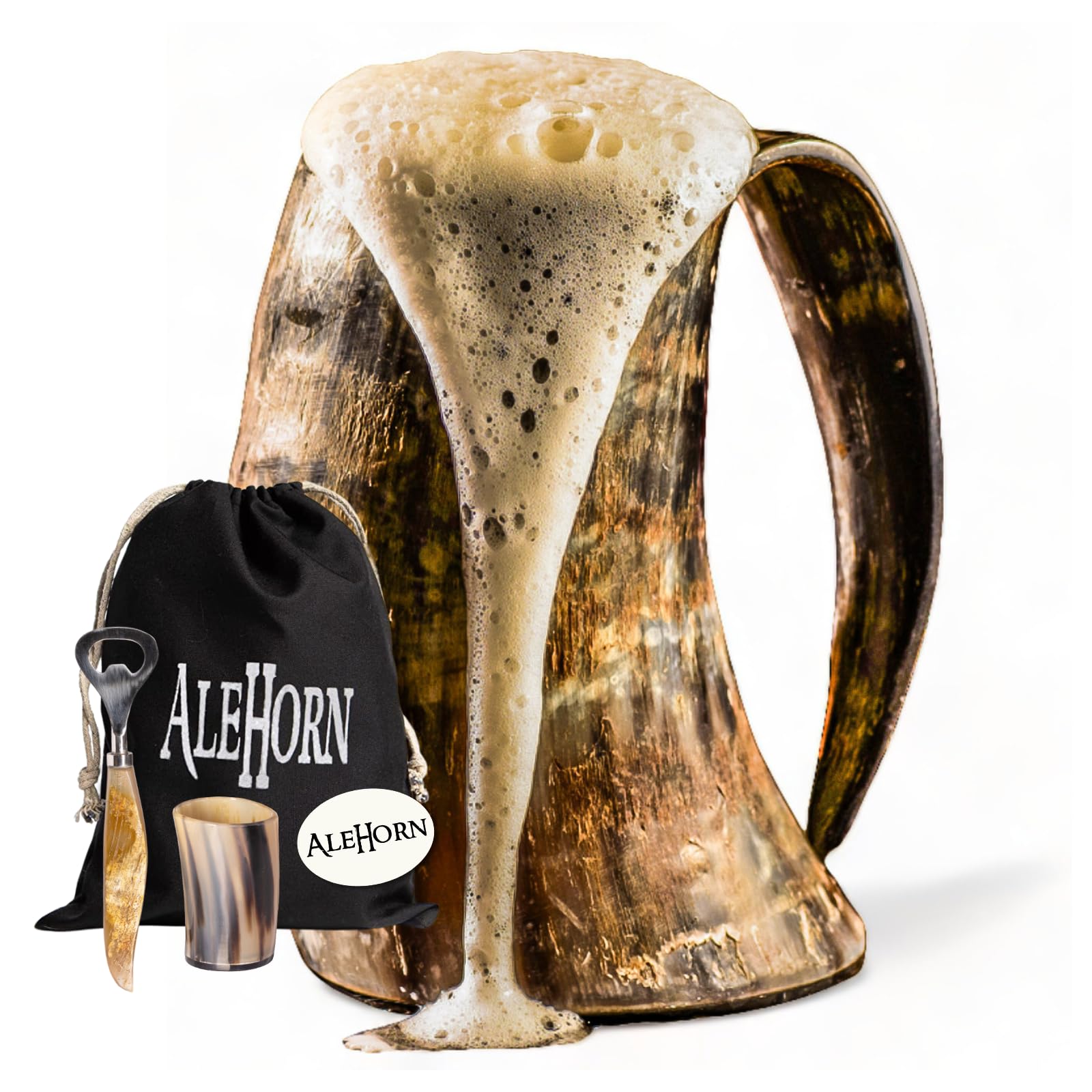 Viking Ale Horn & Shot Glass with Bottle Opener Bundle - Viking Drinking Horn Mug Set for Beer Ale or Mead - 16 oz