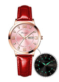 Women Watches Ladies Dress Analog Quartz Date Classic Luminous Leather Strap 3ATM Waterproof Female Wrist Watch (Red and Pink)