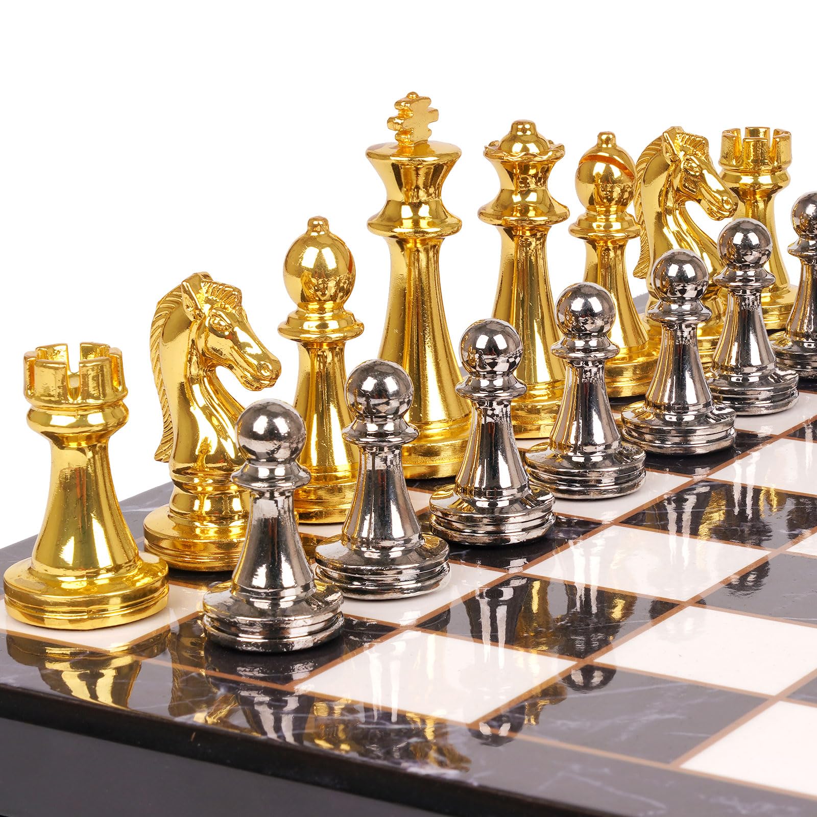 Metal Chess Set Marbled Chess Board with Chess Pieces with Extra Queens with zinc Alloy Metal Pieces – Ideal for Beginners and Professional Players