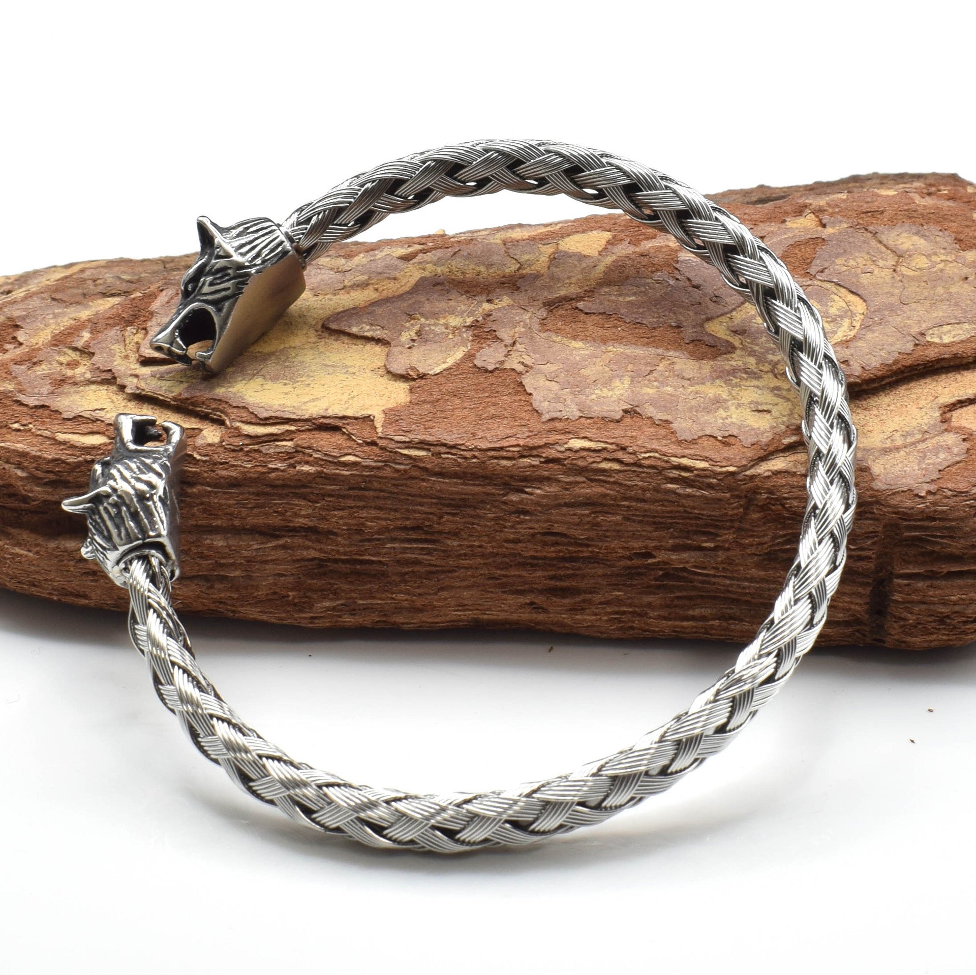 Viking Wolf Head Stainless Steel Braided Bracelet