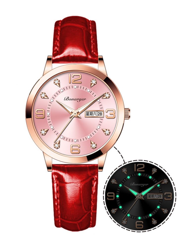 Women Watches Ladies Dress Analog Quartz Date Classic Luminous Leather Strap 3ATM Waterproof Female Wrist Watch (Red and Pink)