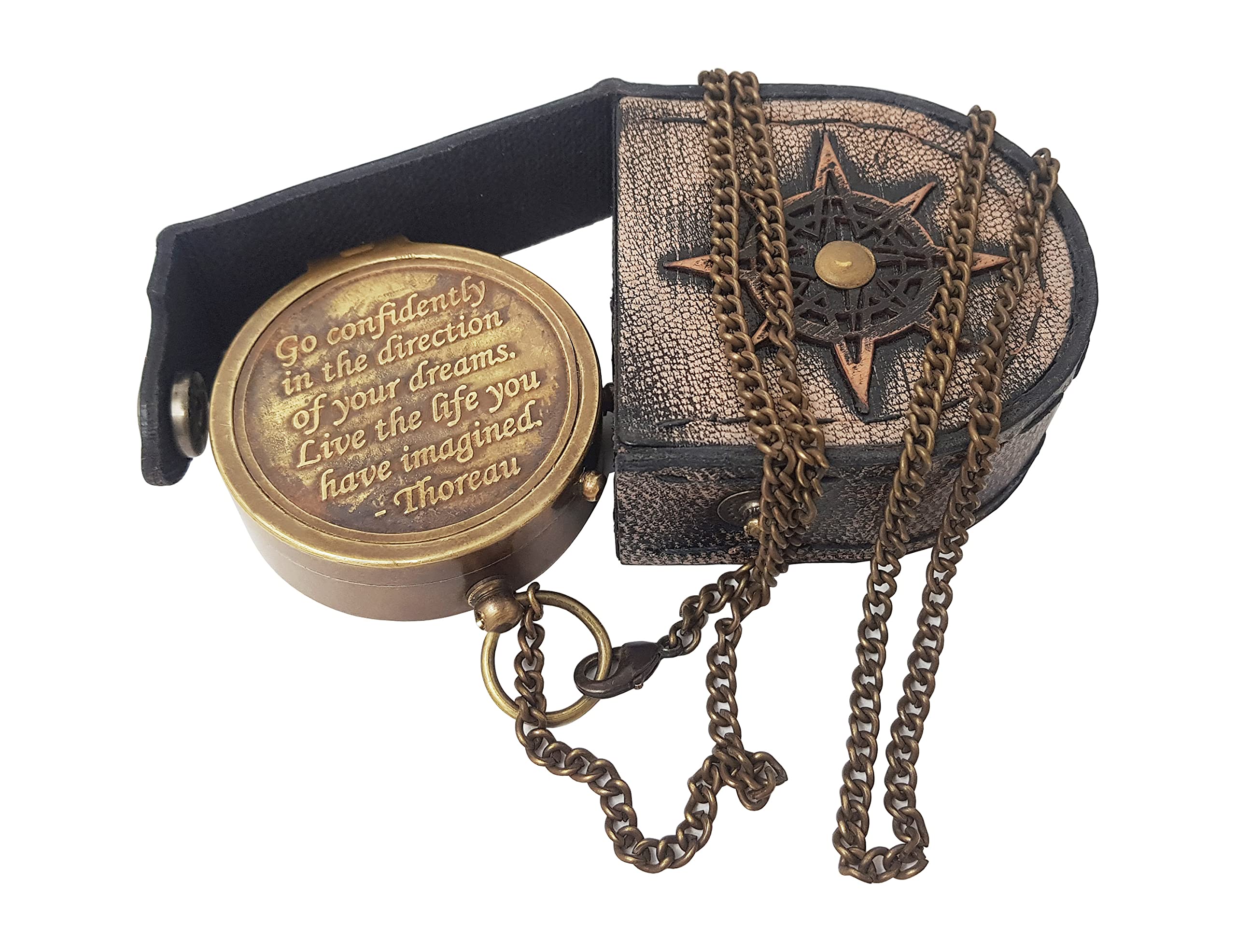Brass Compass Engraved with Thoreau's Go Confidently Quote and Stamped Leather Case Boys Gifts