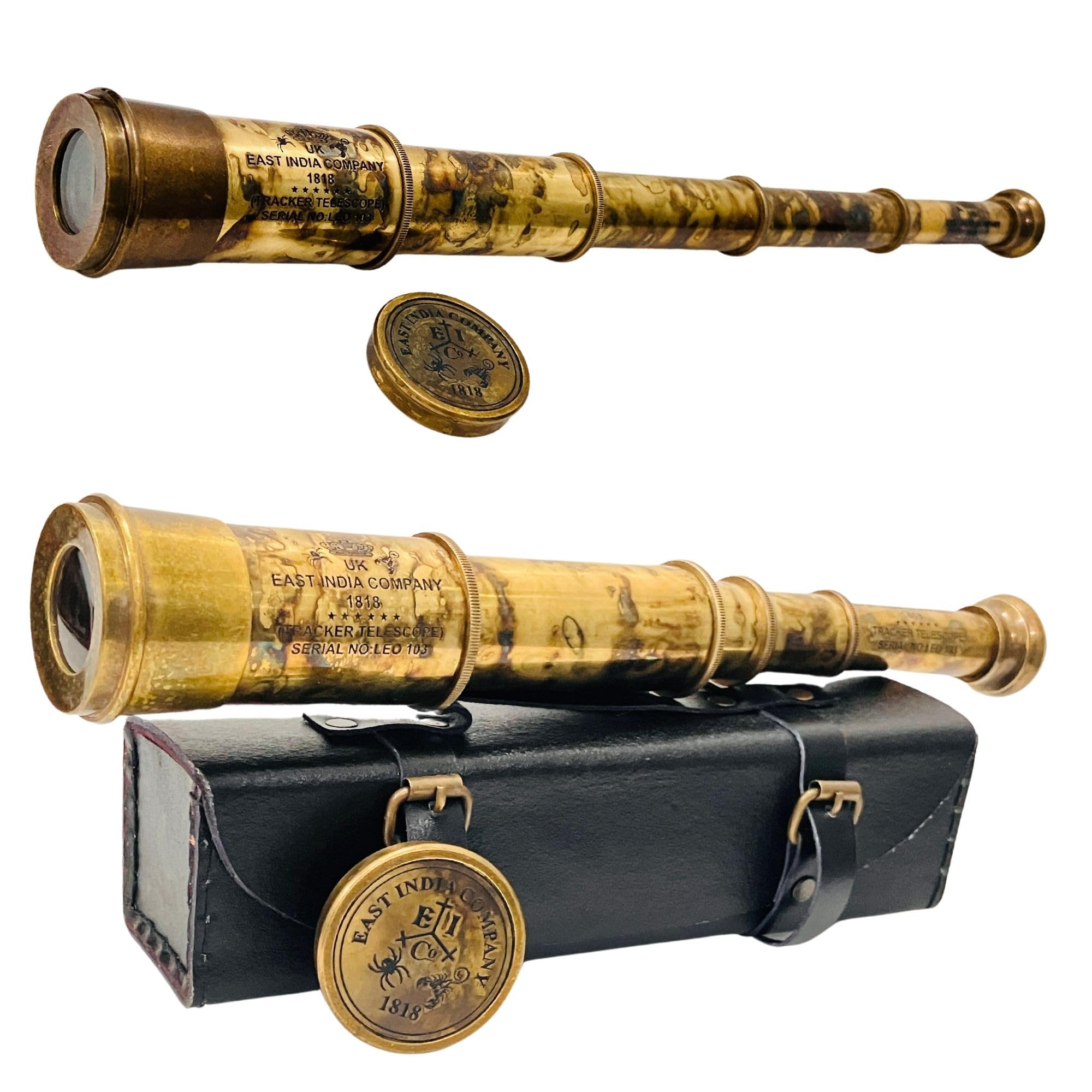 Rare Brass Telescope Spyglass - East India Company 1818 Tracker Vintage Spyglass Scope Antique Large Handstitched Leather Gift Box (BT-EIC17)