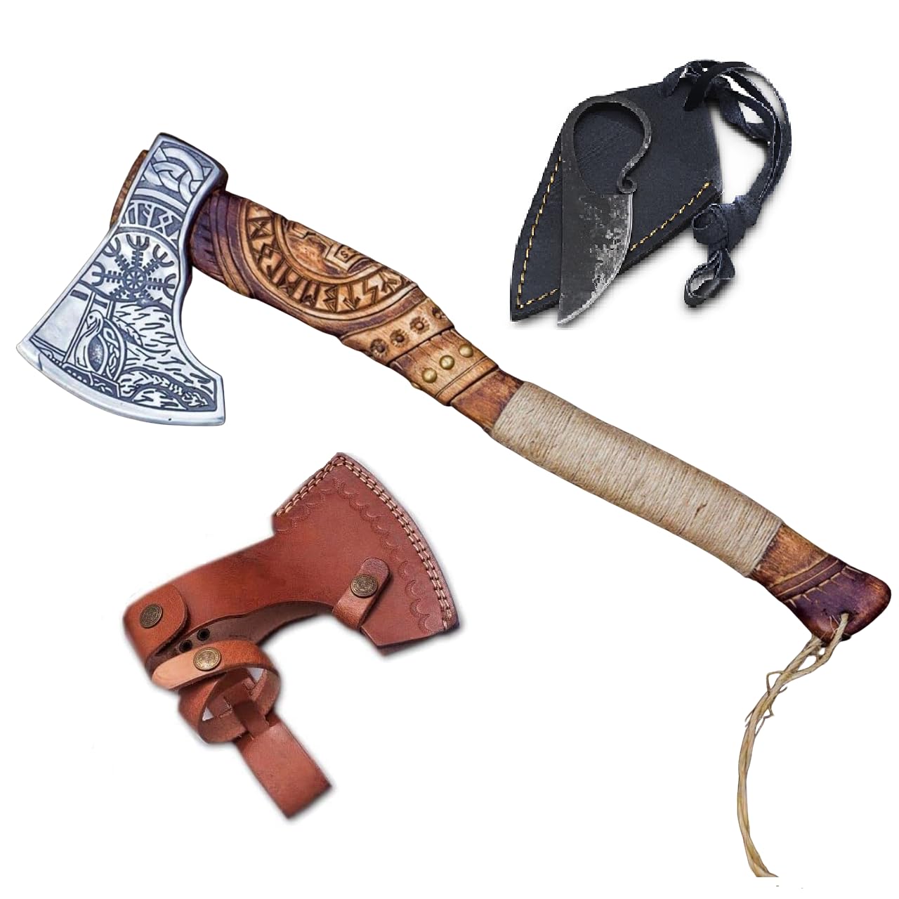Custom Handmade Stainless Steel Viking Axe Gorgeous style ax Ash Wood Handle with leather sheath beautiful art on head and Handle (Viking Axe real)