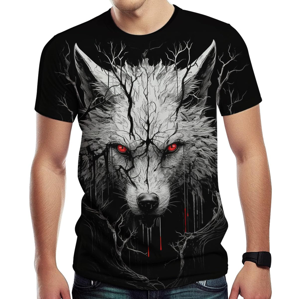 Men's Wolf Print Tee Summer Casual Top Black M