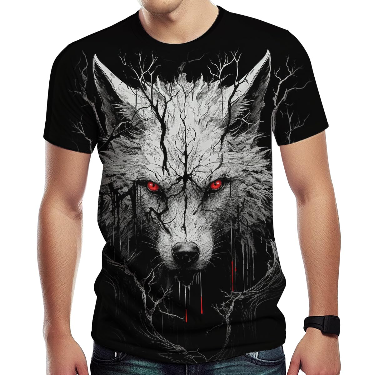 Men's Wolf Print Tee Summer Casual Top Black M