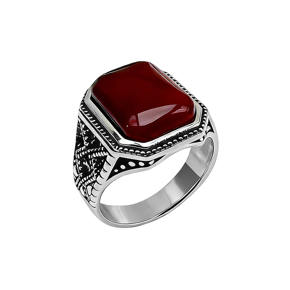 Midgardian 925 Sterling Silver Vintage Natural Red Square Agate Ring