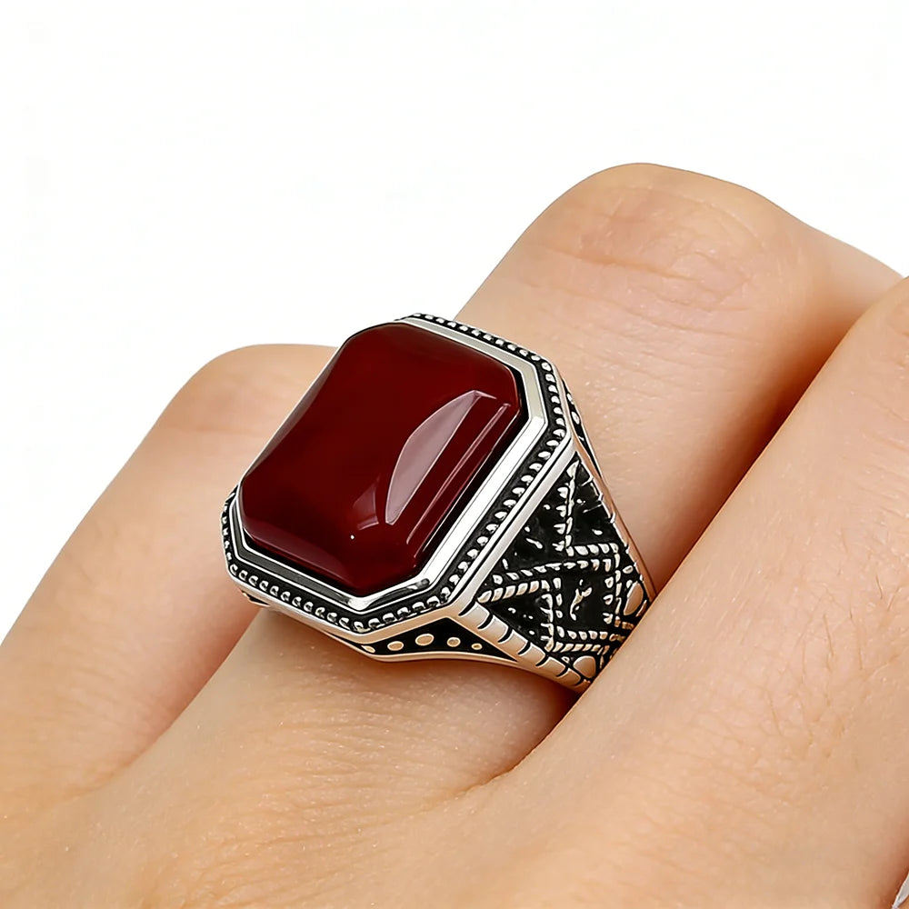 Midgardian 925 Sterling Silver Vintage Natural Red Square Agate Ring