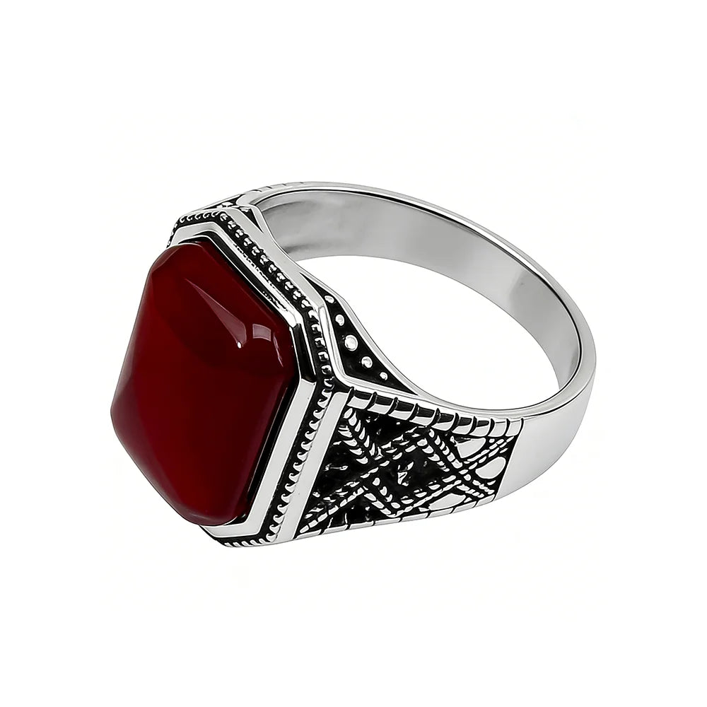 Midgardian 925 Sterling Silver Vintage Natural Red Square Agate Ring