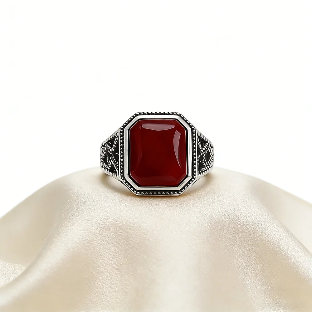 Midgardian 925 Sterling Silver Vintage Natural Red Square Agate Ring