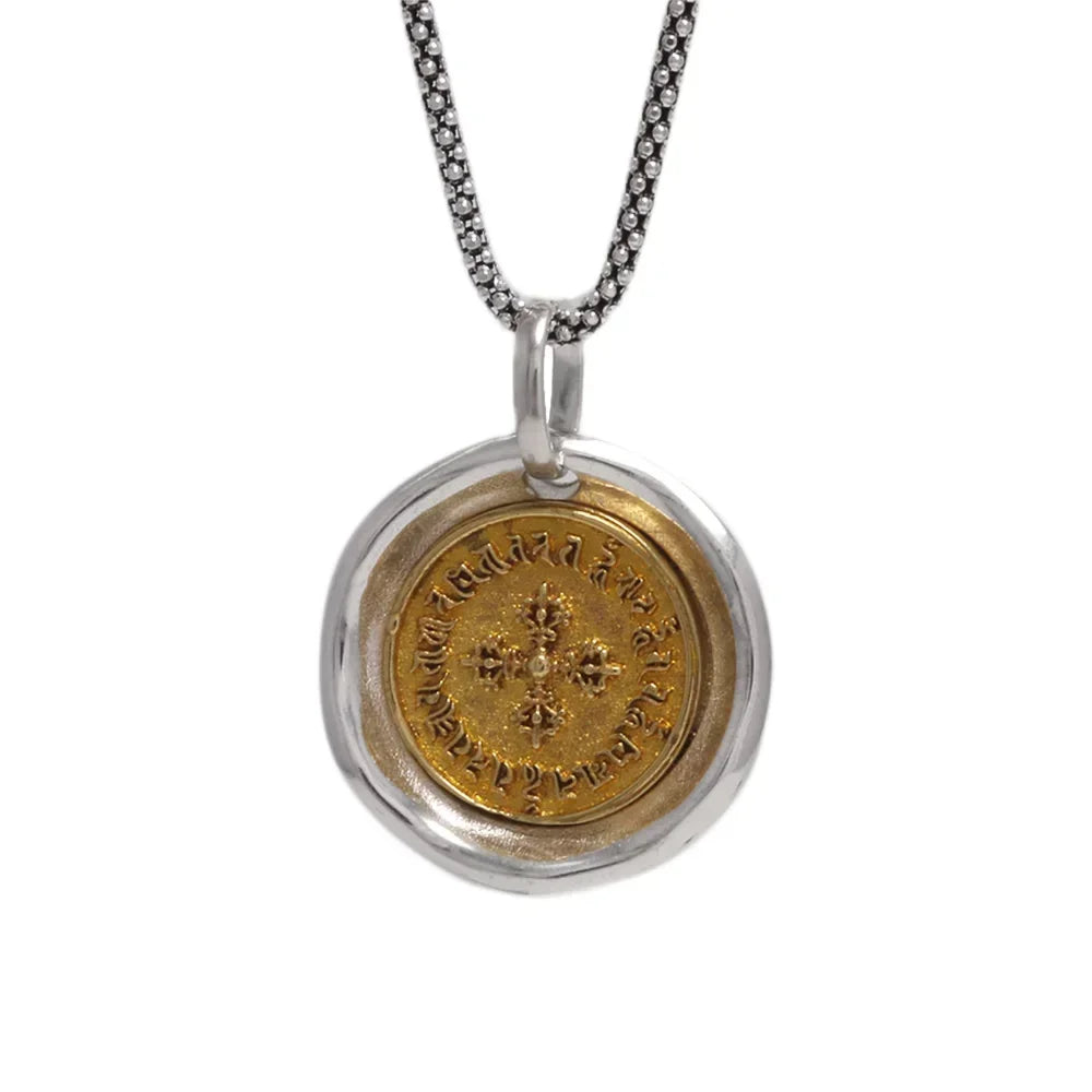 Real Pure 925 Sterling Silver Vajra Pestle Pendant Necklace for Men and Women Round Shape Gold Vermeil Amulet Jewelry