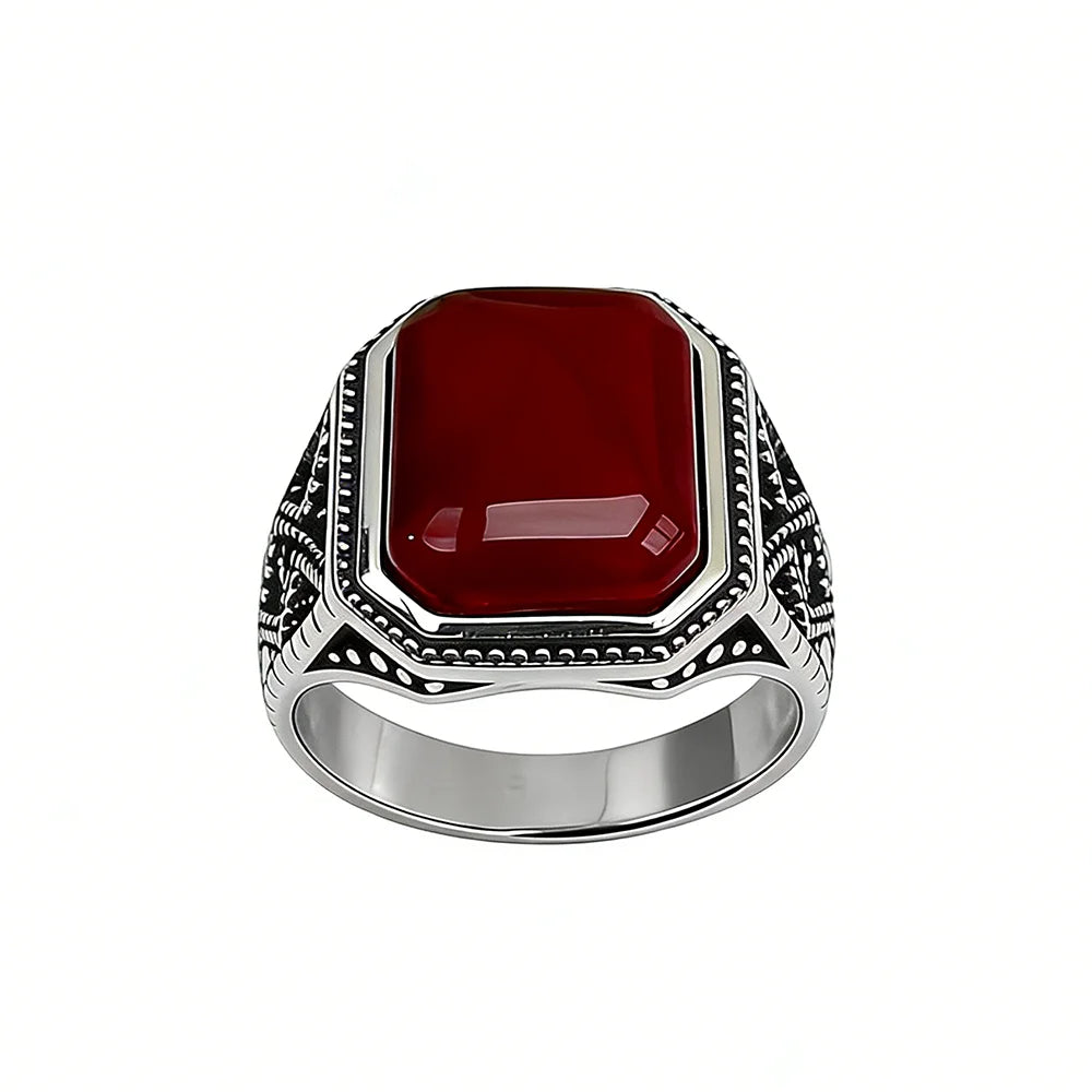 Midgardian 925 Sterling Silver Vintage Natural Red Square Agate Ring