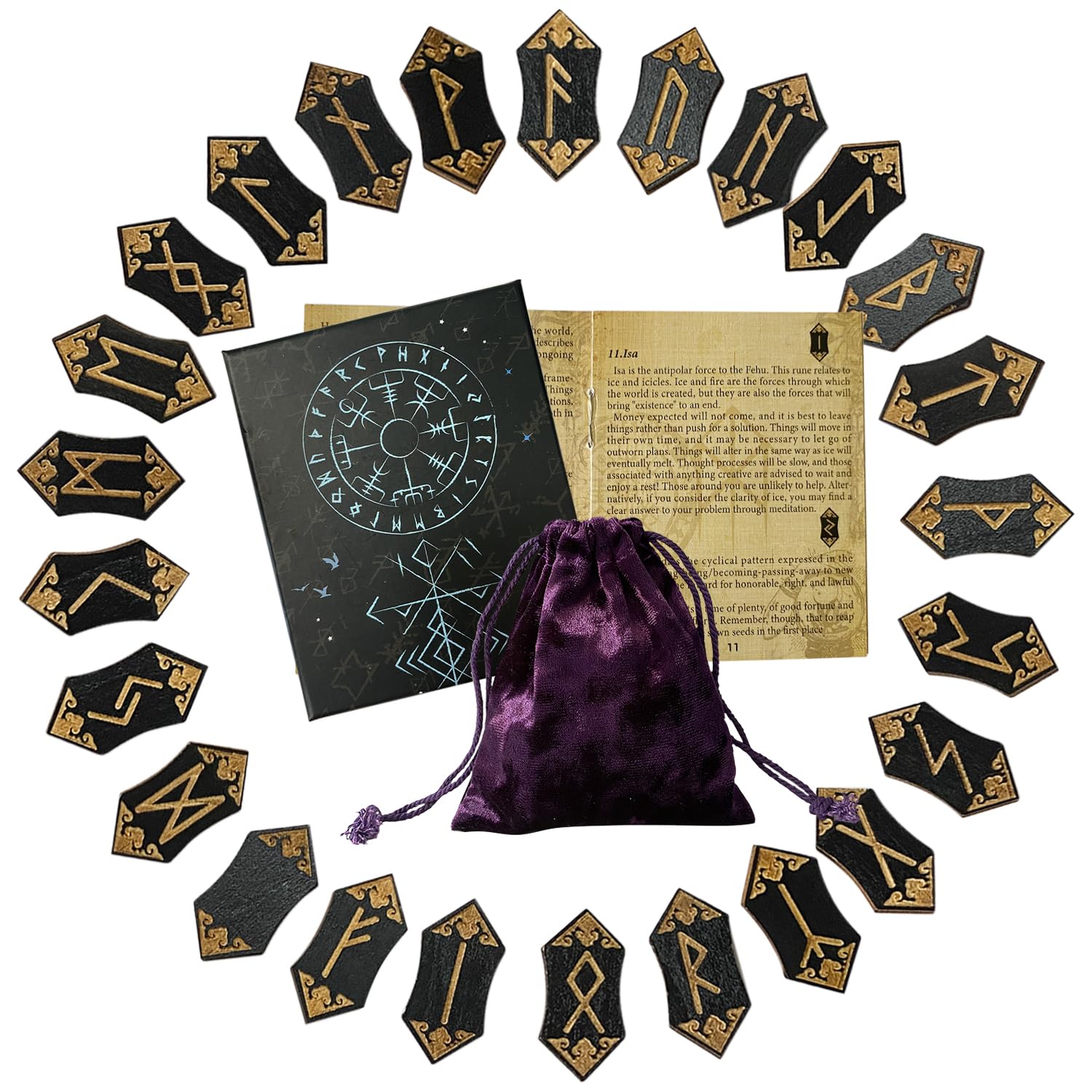 Wooden Viking Runes Rune Stone Set with Guide Book Velvet Bag Norse Runes for Beginners Witchcraft/Divination/Meditation/Spiritual