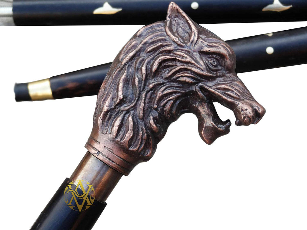 Brass Handle Victorian Wooden Walking Stick Cane Ideal Vintage Gift Men Women Father/Mother (Wolf)