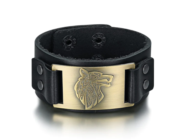 Beowulf Regalia Leather Viking Wolf Head Cuff