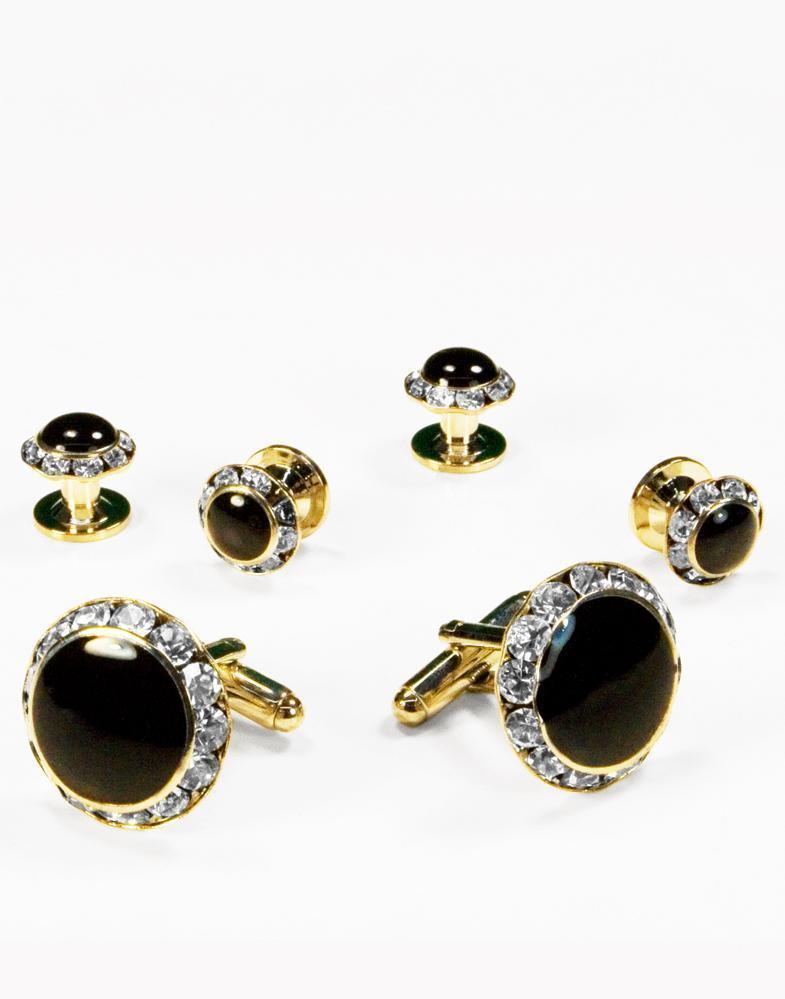 Black Circular Rhinestones Gold or Silver Edge Studs and Cufflinks Set