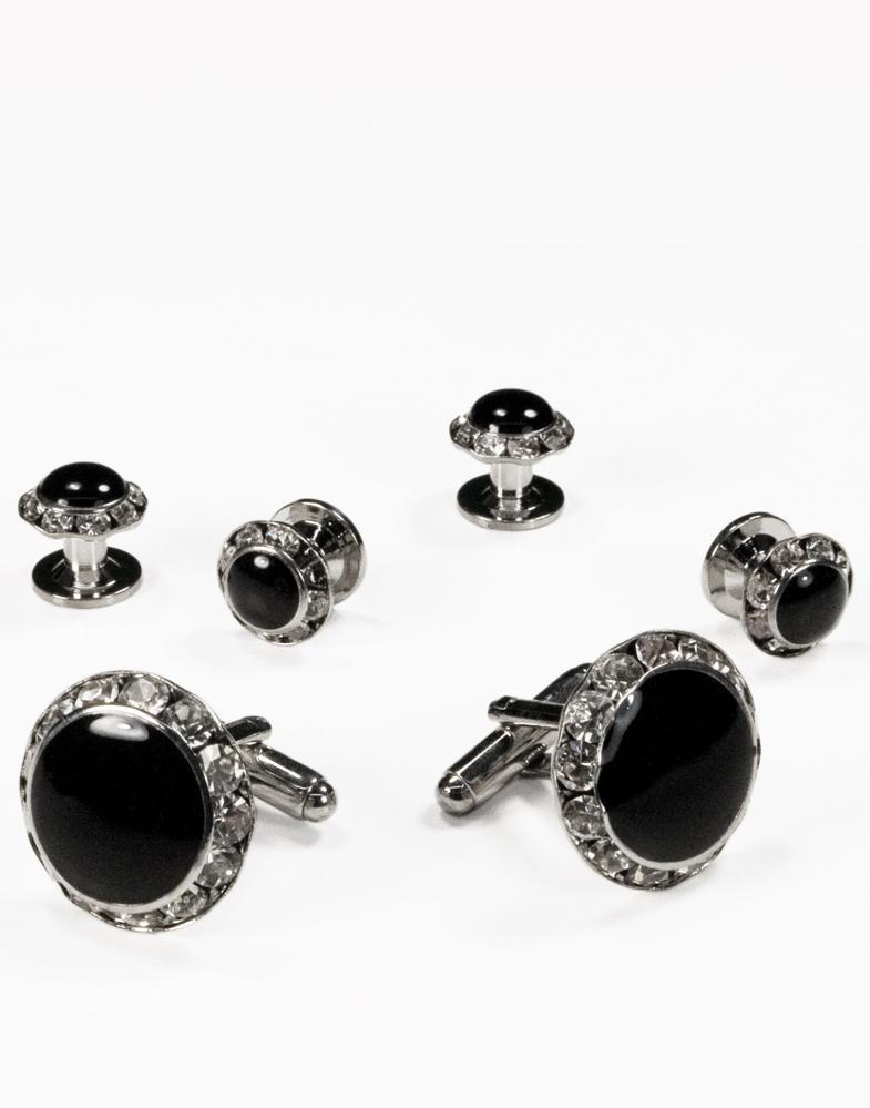 Black Circular Rhinestones Gold or Silver Edge Studs and Cufflinks Set