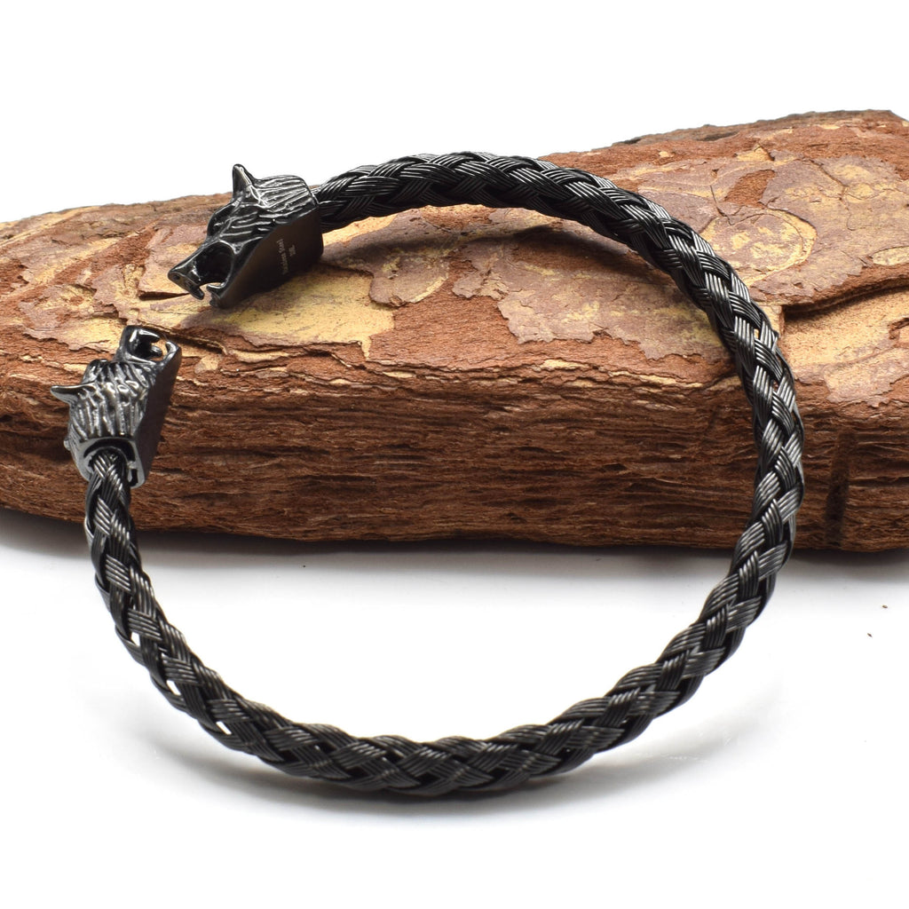 Viking Wolf Head Stainless Steel Braided Bracelet