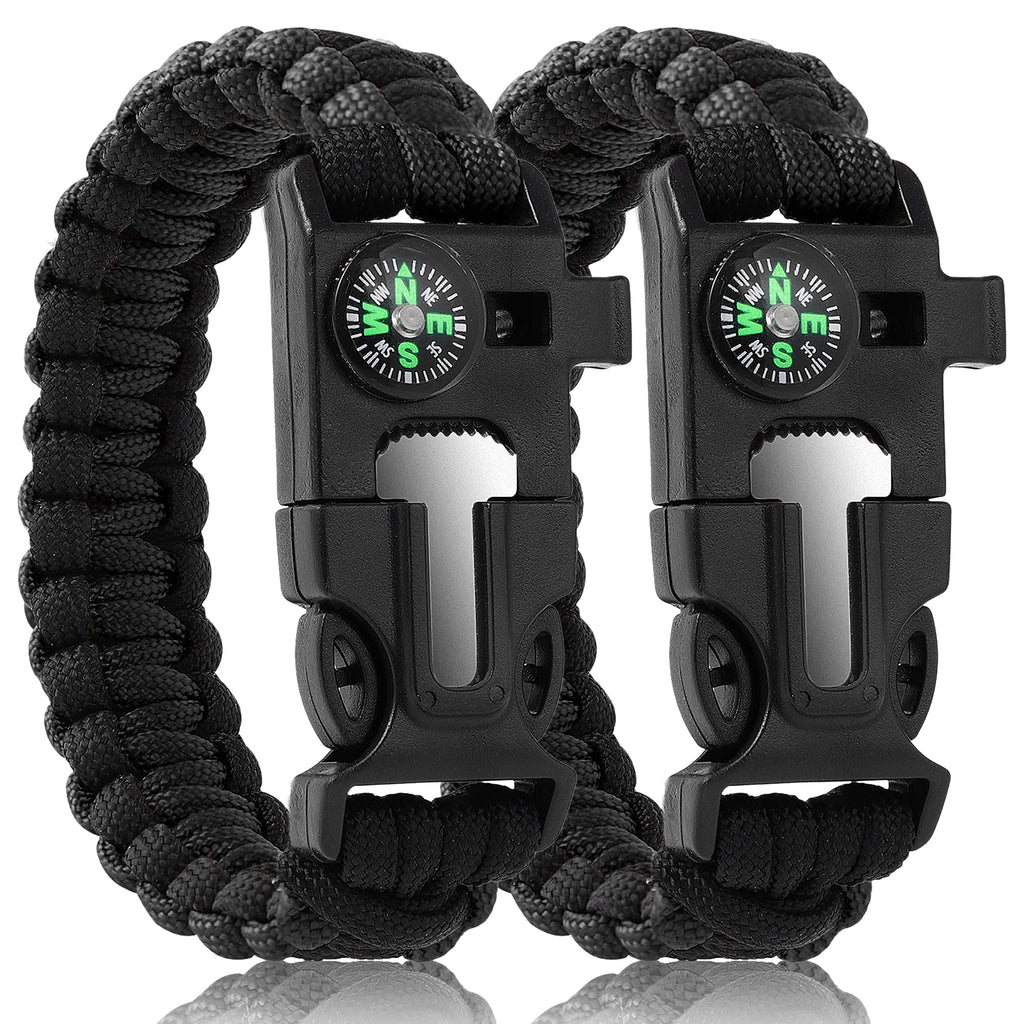 Oadnfa Paracord Survival Bracelets for Men Paracord Tactical 5-in-1 Camping Gear Kitswith 12-ft Detachable RopeFire StarterEmbedded CompassWhistle&Emergency Multitools(Black&Black)