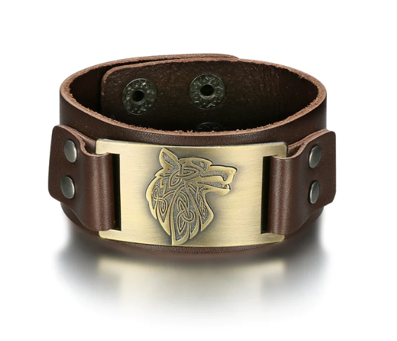Beowulf Regalia Leather Viking Wolf Head Cuff