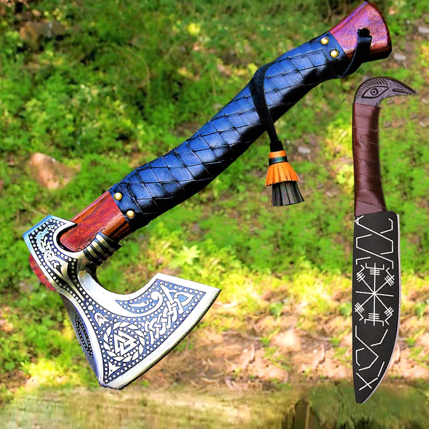 Viking Axe with Knife & Sheath | Hand Forged Carbon Steel Camping Axes and Hatchets Viking Gifts for Men | Bearded Vikings Valhalla Axe (Ax-64)