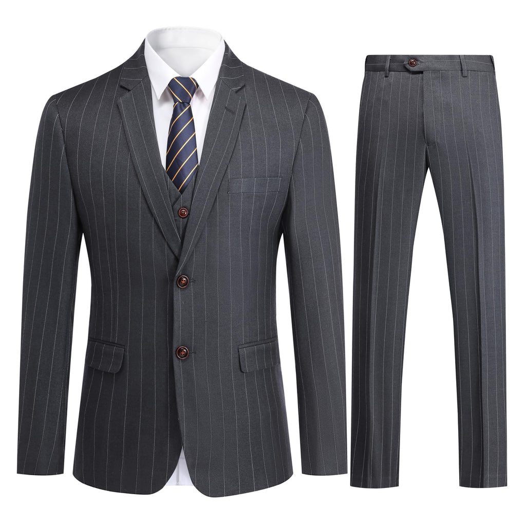 Mens 3 Piece Stripe Suits Set Checked 2 Button Tux Blazer Jacket Vest Trousers
