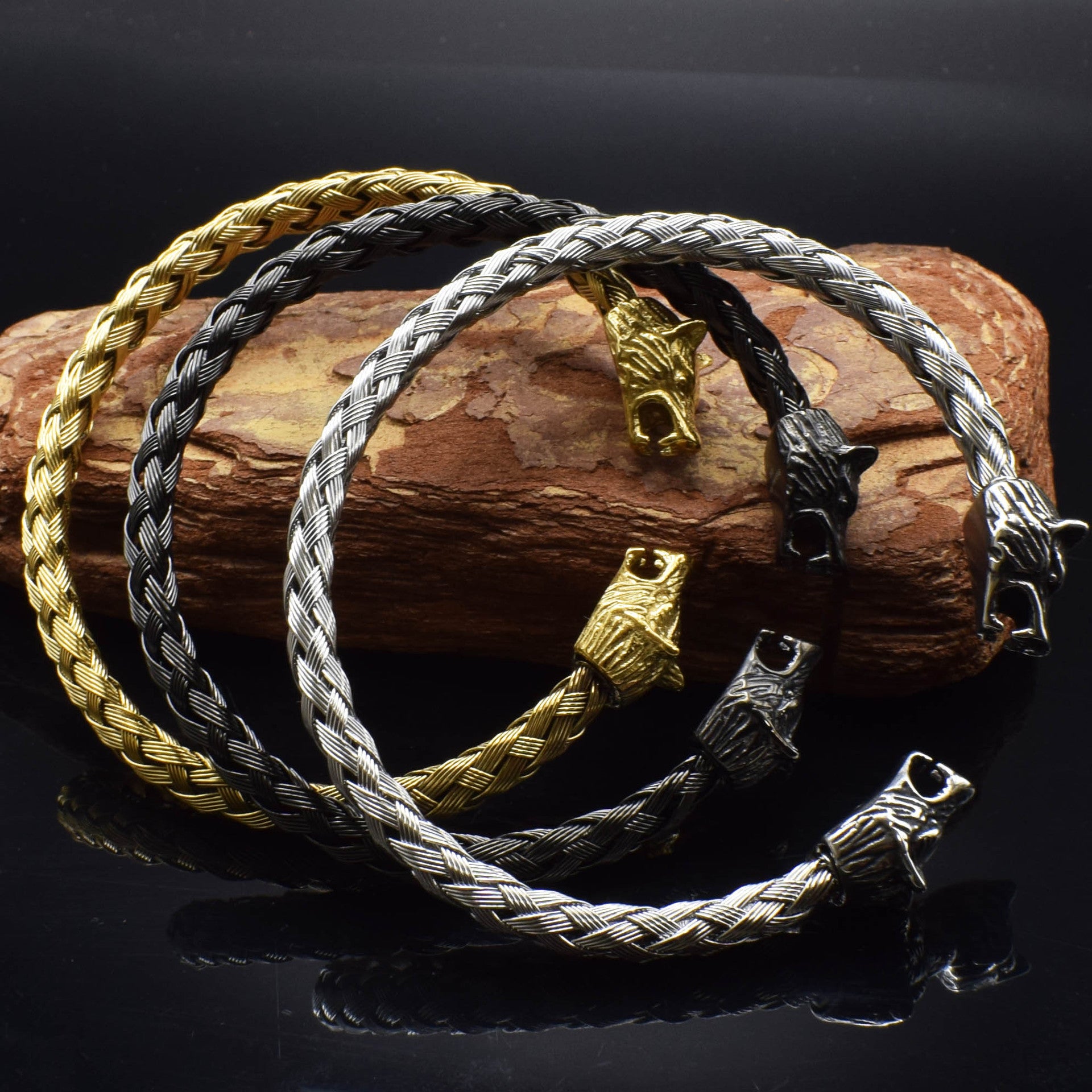 Viking Wolf Head Stainless Steel Braided Bracelet