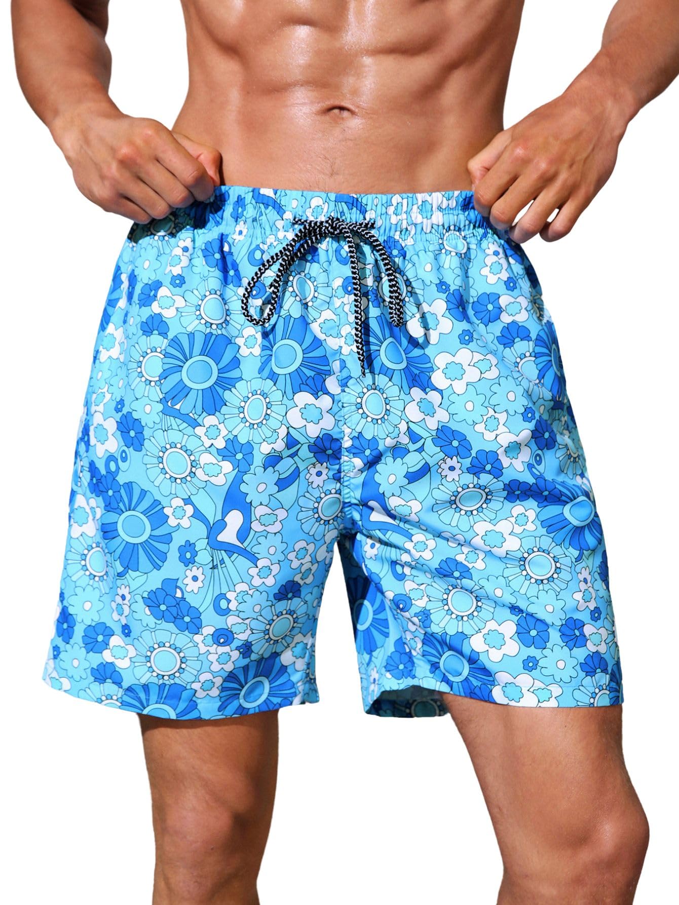 Verdusa Mens Floral Print Drawstring Elastic Waist Swim Trunks Summer Beach Shorts Blue XL