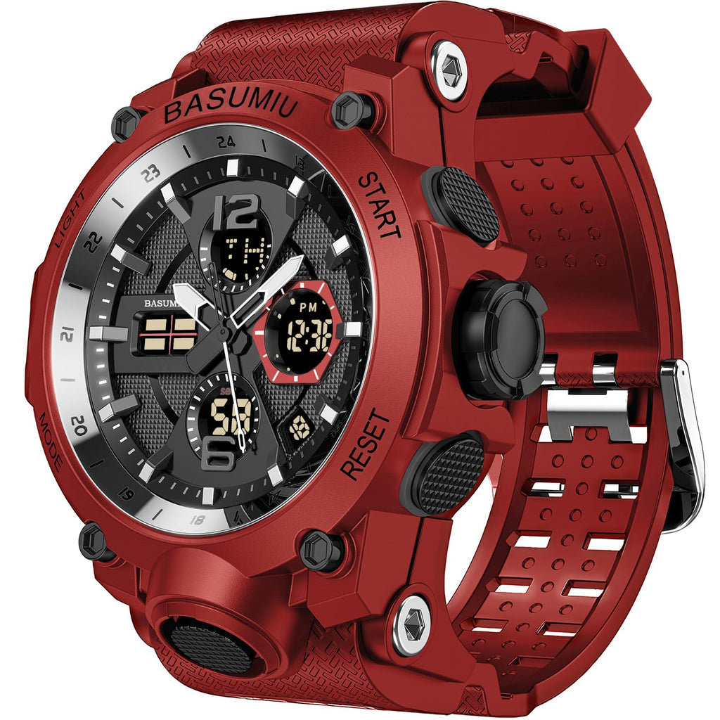 Mens Sports Wrist Watches Analog Digital Tactical Military Watch Waterproof Gold Watches for Men (C-Red)
